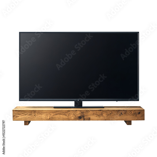 Large flat-screen TV on a modern wooden stand cutout background, isolated on fully transparent png background