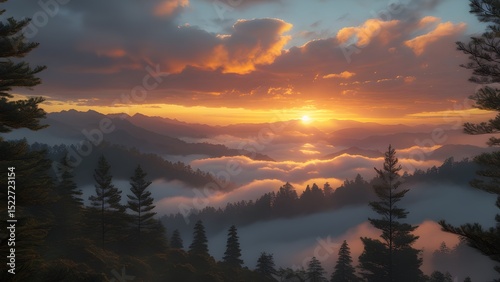 Sunset Over Misty Mountains with Pine Trees – Cinematic Landscape in 8K
