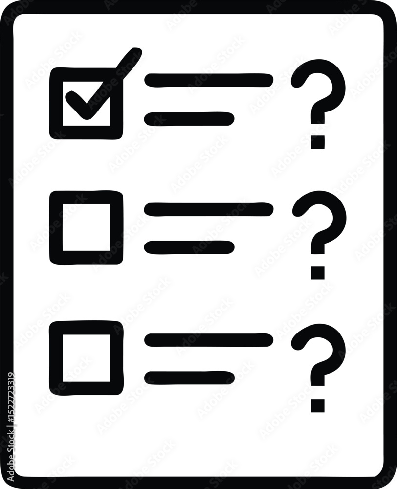 Checklist survey form with check mark and question marks for feedback and task management tool Checklist survey form with check mark and question marks for feedback and task management tool