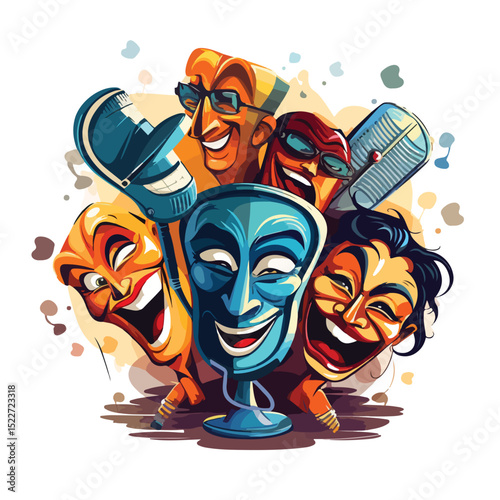 Professional Theatrical Masks, Microphones, and Billboard Stand for Stage Performances and Entertainment Events