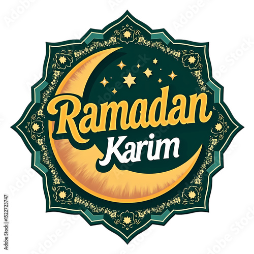 Ramadan Karim Illustration with Crescent Moon Stars and Decorative Floral Border on a Dark Green Background