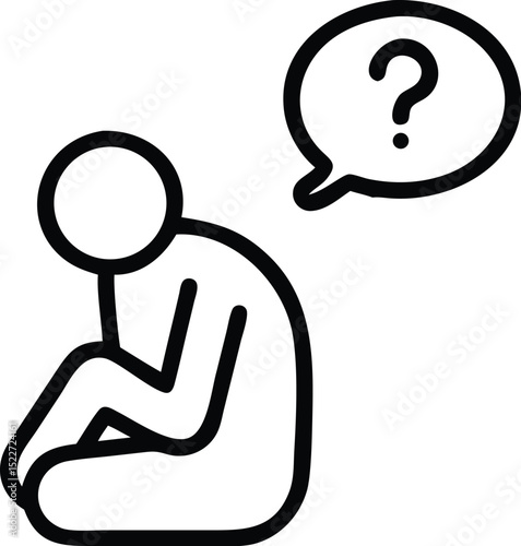 Confused person sitting with question mark in speech bubble vector illustration line art design icon graphic