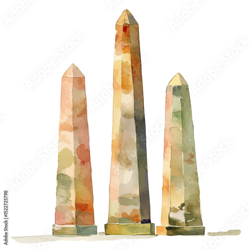 Obelisks, watercolor drawing vector, high quality, isolated on a white background.