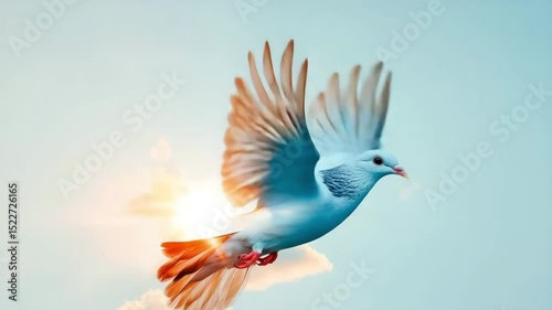A blue pigeon soars against a clear sky, with sunlight illuminating its wings. The bird displays vibrant colors and graceful movement in flight.