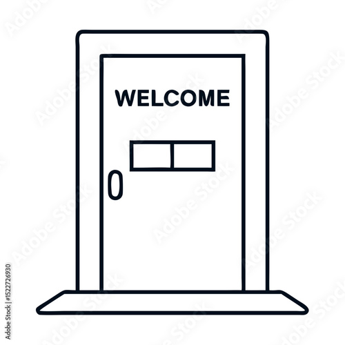 Front door with welcome mat and number zero. Home entrance features simple design and a welcoming message. Housewarming concept perfect for new home announcements and moving day cards.