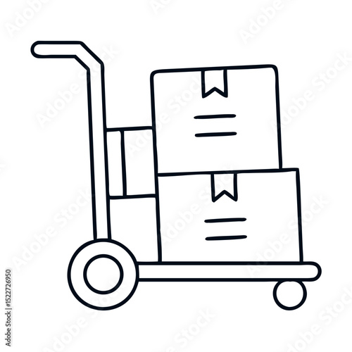 Moving boxes on hand truck for housewarming.  Cart with stacked cardboard boxes ready for relocation. Simple line art illustration perfect for housewarming announcements or moving company website.