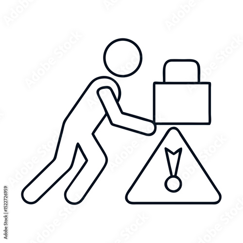 Heavy lifting warning sign with person struggling to lift box.  Illustration shows person straining to lift heavy package near warning triangle. Image perfect for housewarming party,