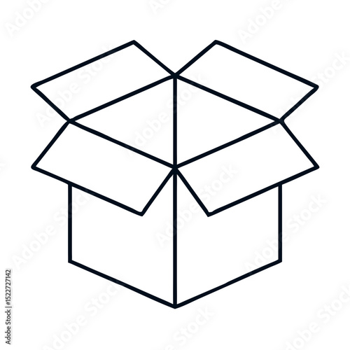 Open box packaging graphic for new home. Open cardboard box illustration for moving. Simple open box design perfect for housewarming announcements and relocation branding.