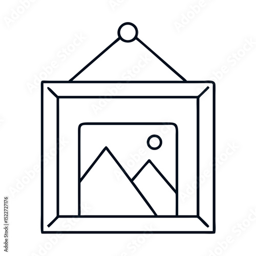 Hanging picture frame with simple landscape image.  Frame is square and hangs from a small hook. This picture frame is perfect for housewarming or new home décor.