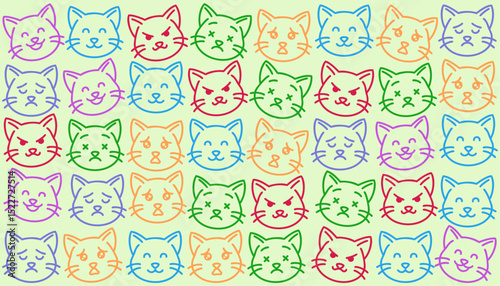 Cute kitten expression pattern with green background and colorful tones