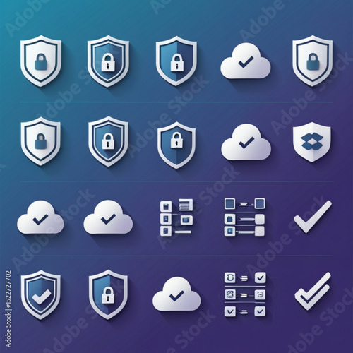 Collection of security and cloud computing icons on a gradient blue and purple background design layout created with generated ai
