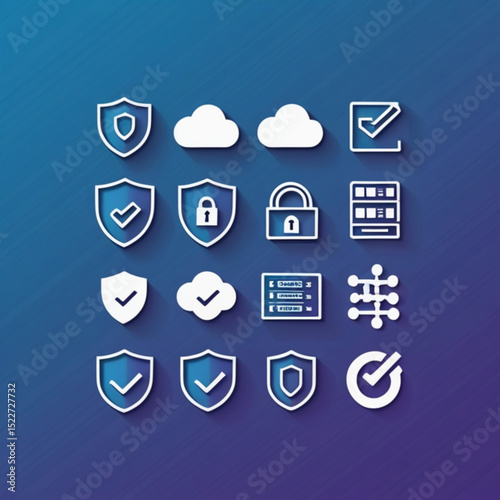 Collection of security and cloud related icons on a gradient blue and purple background design layout created with generated ai