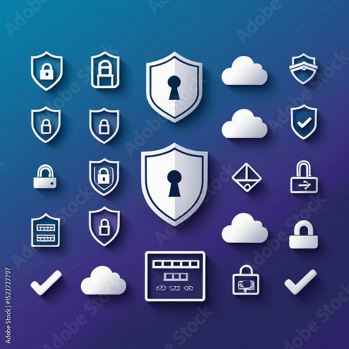 Collection of security icons including shields, locks, clouds, and check marks on a blue background created with generated ai