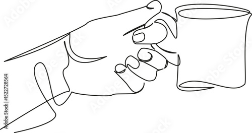 One continuous single drawing line art flat doodle hand, hot drink, holding, cup, drink, mug, woman, hot. Isolated image hand draw contour on a white background, hand drawn, not AI