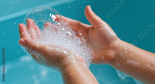 Hands holding soap bubbles with iridescent surface on turquoise background. Person cupping transparent spheres with rainbow colors. Childhood play and magical moment concept. Toy product sale photo