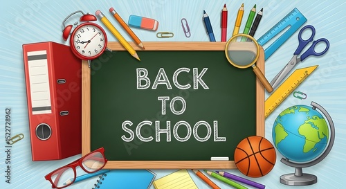 Cartoon Overhead “Back to School” Chalkboard with School Supplies on Burst Background