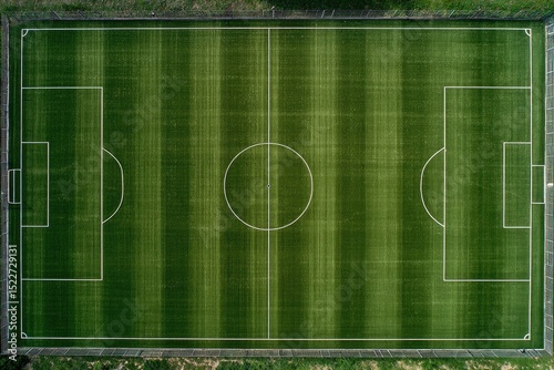 Aerial View of a Soccer Field with Green Grass and White Lines Marking Boundaries photo