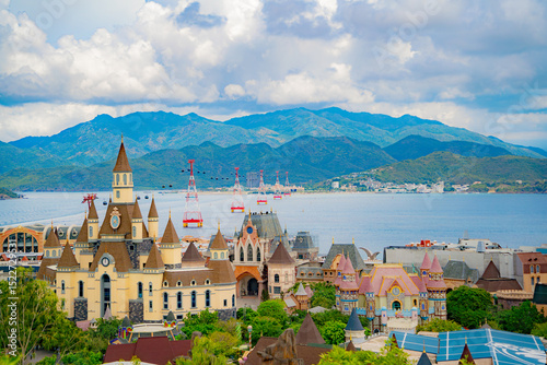 An island with an amusement park. 
View from the island towards the mainland. Nha Trang Vinwonders Amusement Park. The cable car is 3 kilometers above sea level, leading to the island. 