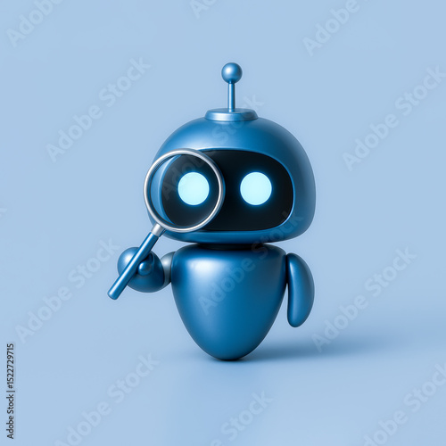 AI Search Bot – 3D Robot with Magnifying Glass for Analysis and Research