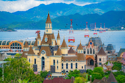 An island with an amusement park. 
View from the island towards the mainland. Nha Trang Vinwonders Amusement Park. The cable car is 3 kilometers above sea level, leading to the island. 