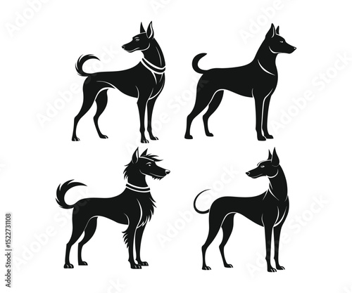 Four black silhouetted dogs, each with a unique design and posture.