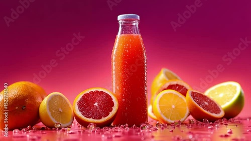 A video shoot of a clear bottle with delicious looking juice inside of it, professional advertisement and commercial shoot, product videography