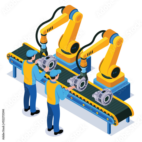 Automated manufacturing process illustrating robotics assembly line operations workers and robotic arms working on industrial production and technology