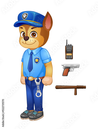 Vector illustration of brown police dog character. Cute furry.
