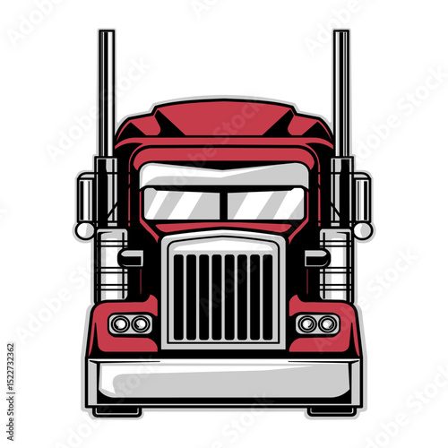 Red American semi truck 18 wheeler from front view vector isolated on white background