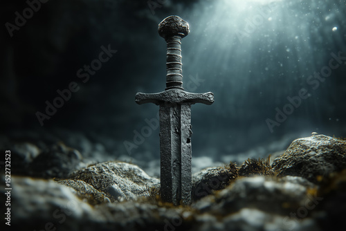 Wallpaper Mural Ancient old knight warrior sword sticking out of the ground at the bottom of the sea background. Torontodigital.ca