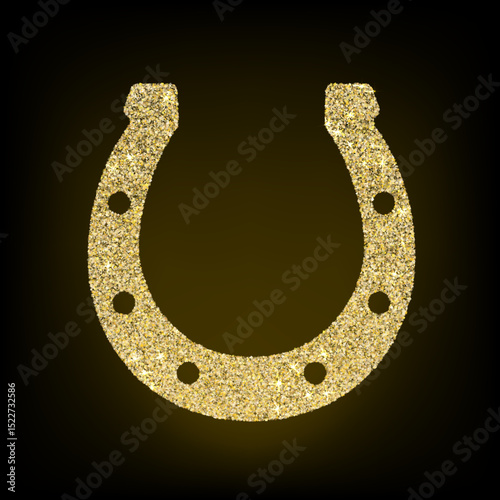 Gold horseshoe vector illustration for good luck and prosperity. Lucky charm icon perfect for designs related to success, fortune and equestrian themes. Gold confetti shiny horseshoe. 