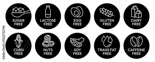 Set allergen free icons. Allergen free label products. Free lactose, gluten, sugar, corn, egg, trans fat, dairy, soy, nuts, caffeine, symbol, logo, badge, black, vector, isolated on white background.