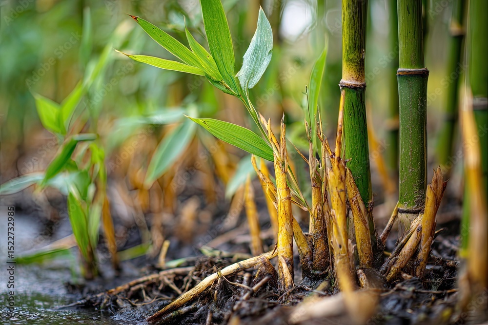 Obraz premium Close up of bamboo plants with roots and green leaves in a natural setting
