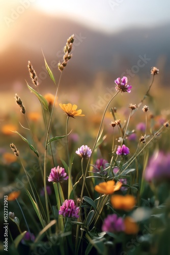 Beautiful Wildflowers Meadow Summer Sunset Golden Hour Vibrant Pink Yellow Orange Blossoms Nature Photography Scenic Rural Field Blooming Flowers Soft Light Artistic Image day grass flora macro color 