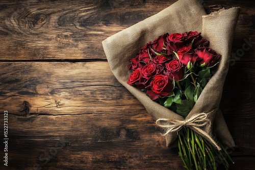 Wallpaper Mural A bouquet of beautiful red roses on an old brown wooden table background with copy space.. Torontodigital.ca