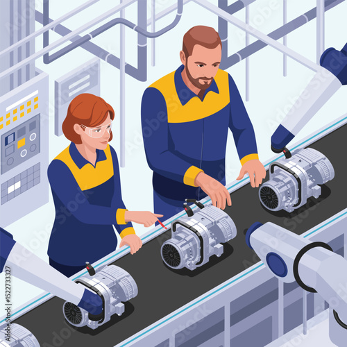 Factory workers inspecting machinery on a conveyor belt with robotic arms in a modern isometric manufacturing plant.
