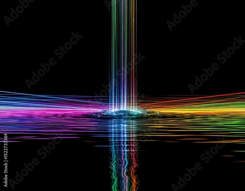 A thin water stream intersected by soft, colorful light waves. photo