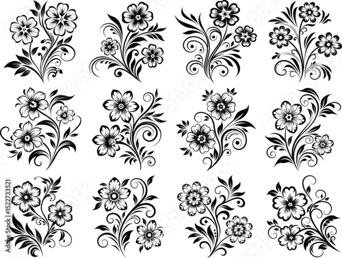floral, flowers, design, black, white, monochrome, set, collection, illustration, vector, graphic, pattern, vintage, ornament, decorative, swirl, leaves, botanical, art, style, elegant, classic