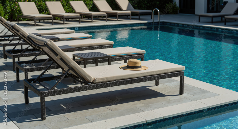 Naklejka premium Pool lounge chairs beige cushions stone deck hat outdoor furniture swimming. Modern residential patio relaxation leisure vacation resort hotel summer concept