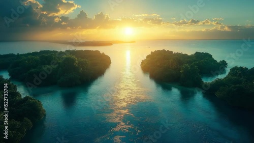 Sunrise over the river Arial view