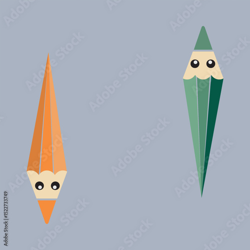 Cartoon pencils character with a faces. Colored arrow sign. Flat vector illustration on grey background.