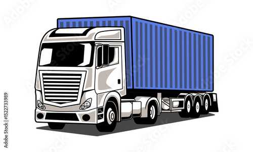Cargo truck semi-trailer side view 3D vector illustration. Commercial transport for heavy loads transportation, Logistic container delivery vehicle