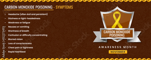 Carbon Monoxide Poisoning awareness ribbon with Symptoms, Shield Design with Pattern Based Background.