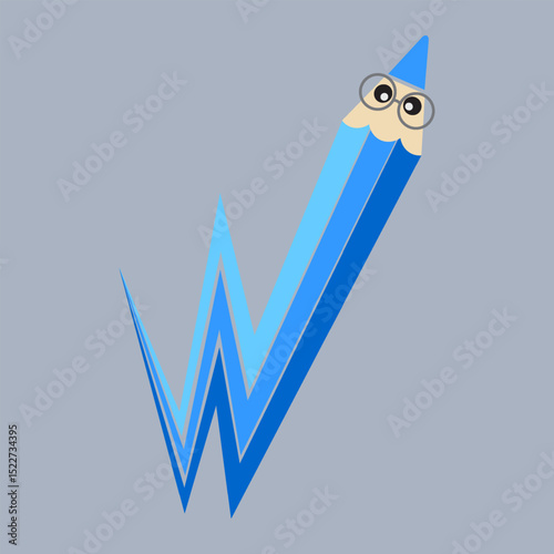 Cartoon pencil character with a face. Blue check mark sign. Flat vector illustration on grey background.