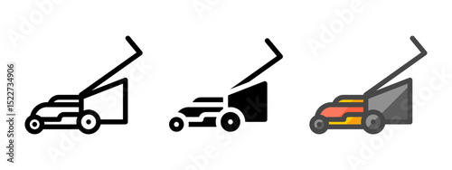 Multipurpose lawn mower vector icon in outline, glyph, filled outline style. Three icon style variants in one pack.