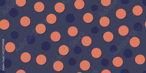 A navy background with a playful pattern of coral and darker blue circles in a scattered arrangement.