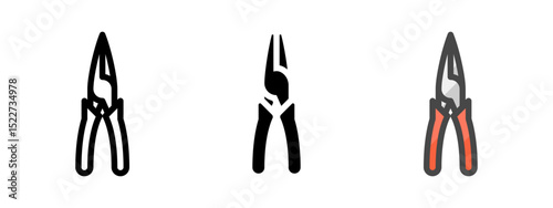 Multipurpose needle nose pliers vector icon in outline, glyph, filled outline style. Three icon style variants in one pack.