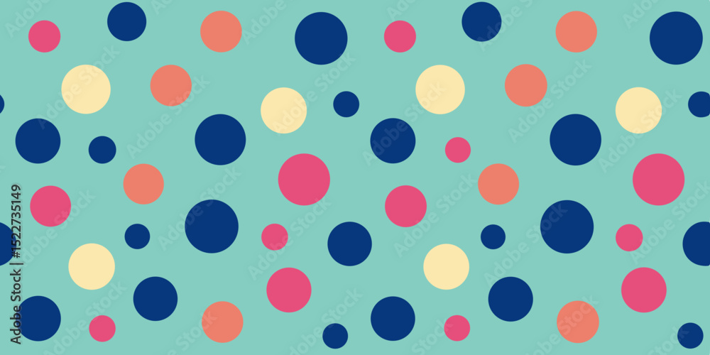 Fototapeta premium Colorful polka dots in navy, pink, peach, and cream on a teal background create a playful and vibrant pattern.