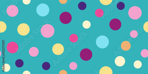 Colorful polka dots in various sizes and shades of pink, purple, yellow, and blue on a bright teal background.