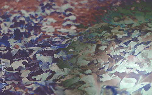 Gradient inversions of exclusion and/or difference, rough road gravel and decayed leaves mixture, with asymmetric olive-green contrast to rust orange and vivid blue.
